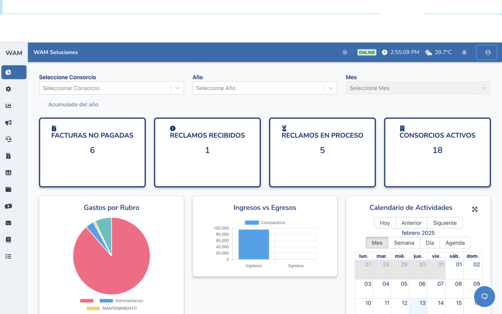 Dashboard interactivo de WAM para administradores de consorcios
