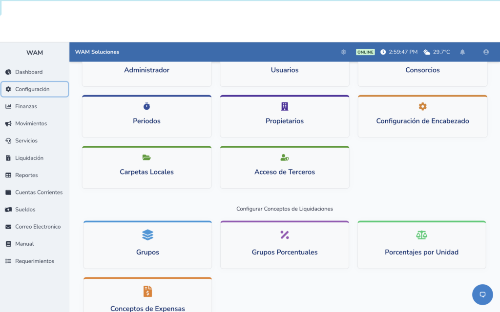 Tarjetas de acceso a liquidación de expensas y cobranzas en WAM